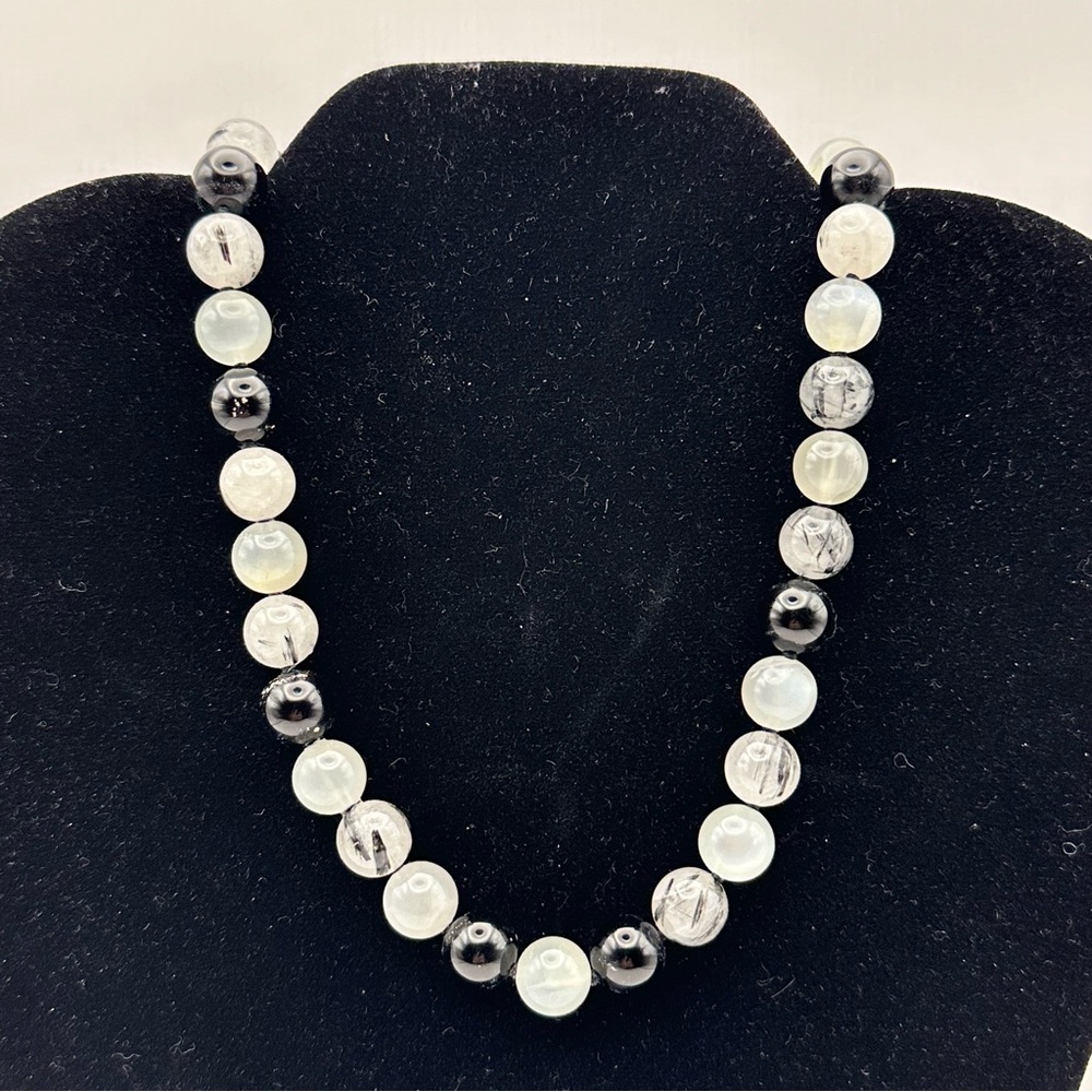 Tiffany & Co Bead Moonstone Quartz, Onyx Gemstone Bead & Silver Necklace